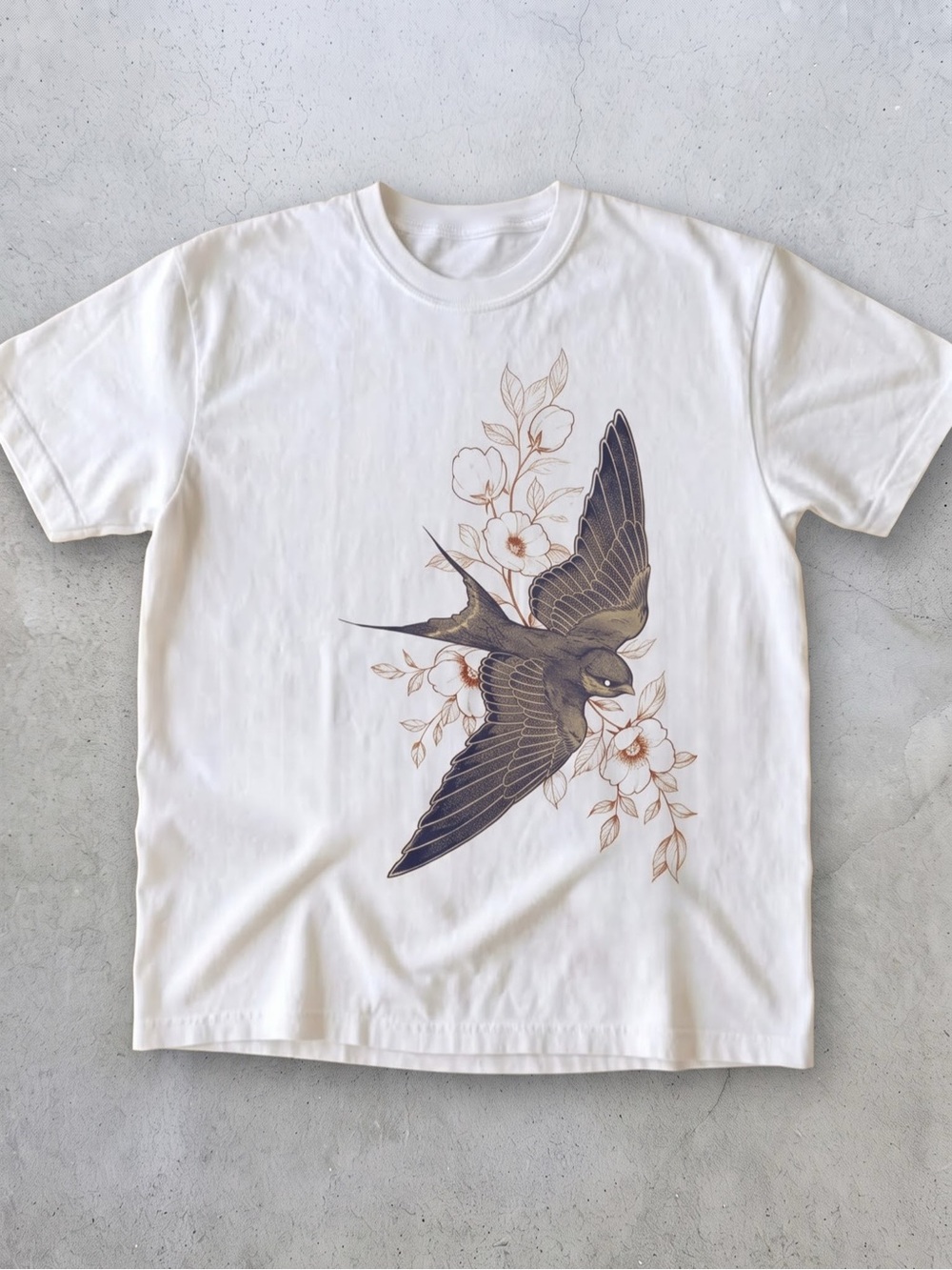 Botanical Floral Swallow Bird Retro Graphic
Tee - White